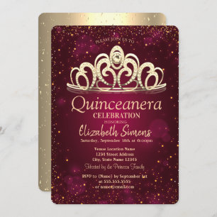 Convites Chic Dourado Confetti Tiara Burgundy Quinceañera