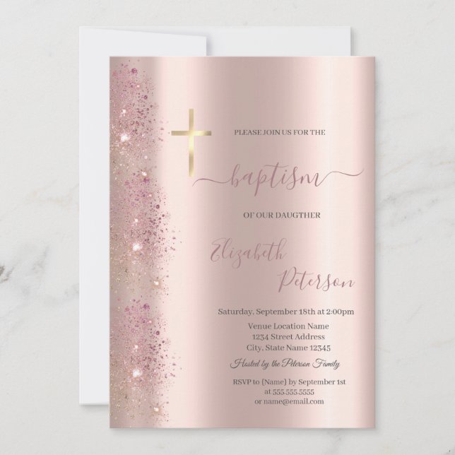 Convites Chic Dourado Cross Baptism Rosa Dourada Glitt (Frente)