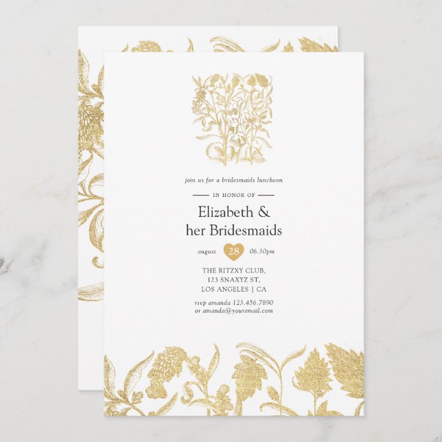 Convites Chic Dourado Floral Bridesmaids Luncheid (Frente/Verso)