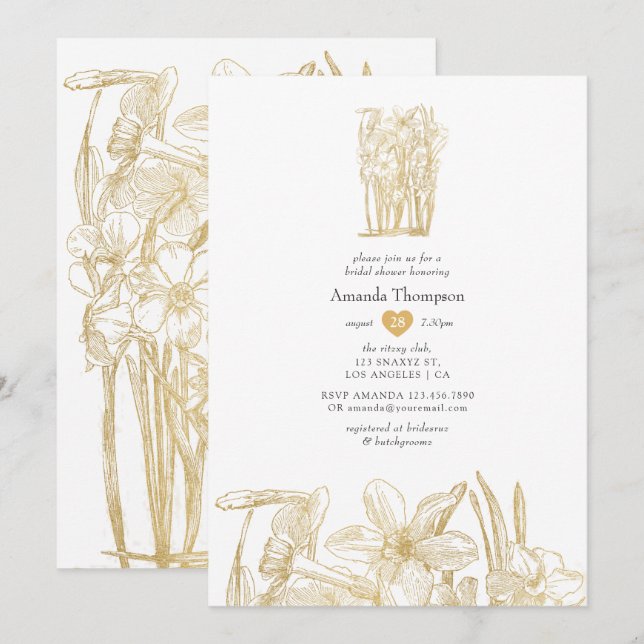 Convites Chic Dourado Floral Chuveiro de Noiva (Frente/Verso)
