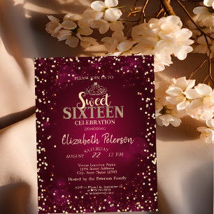 Convites Chic Dourado Tiara, Diamantes Burgundy Doce 16 Fes