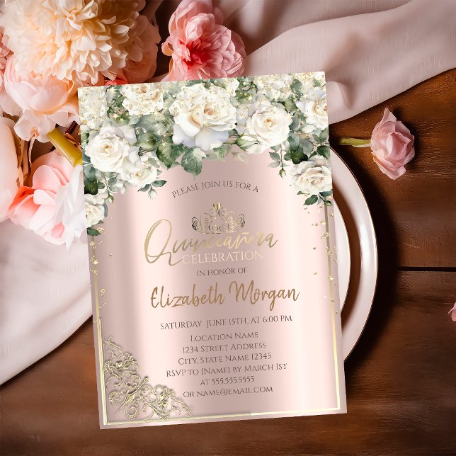 Convites Chic Dourado Tiara, Rosas Brancas Quinceañera (Criador carregado)