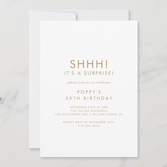 Convites Chic Dourado Typografia Surprise Party (Frente)