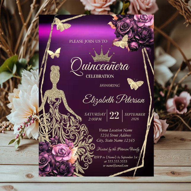 Convites Chic Dress,Butterfly Violet Roses Quinceañera (Criador carregado)