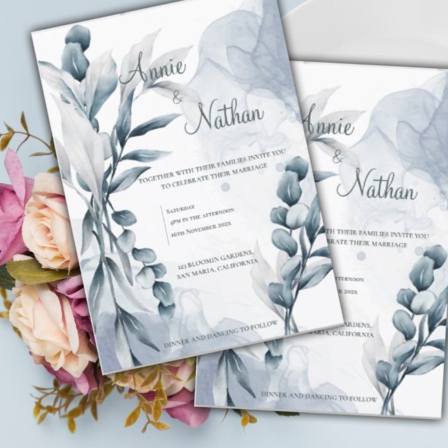 Convites Chic Dusty Blue Eucalyptus deixa casamento legante (Chic Dusty Blue Eucalyptus Leaves Elegant Wedding Invitation)