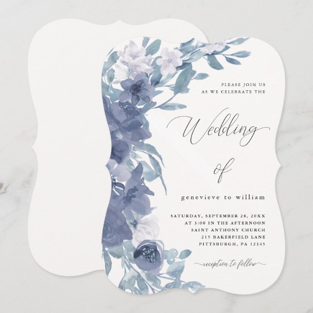 Convites Chic Dusty Blue Floral com Casamento Calliográfico (Frente/Verso)