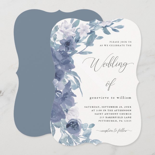 Convites Chic Dusty Blue Floral com Casamento Calliográfico (Frente/Verso)