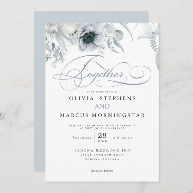 Convites Chic Dusty Blue Floral Elegante (Frente/Verso)