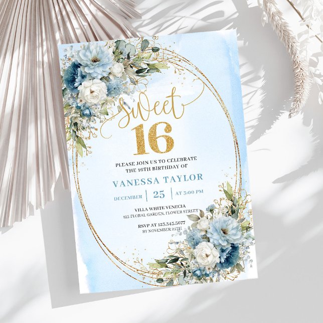 Convites Chic Dusty Blue Floral Gold Sweet Sixteen Invite (Chic Dusty Blue Floral Gold Sweet Sixteen Invitation)