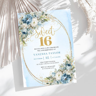 Convites Chic Dusty Blue Floral Sweet 16 Aniversár