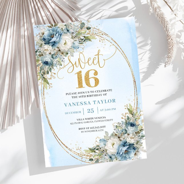 Convites Chic Dusty Blue Floral Sweet 16th Birthday Invites (Chic Dusty Blue Floral Sweet 16th Birthday Invitation)