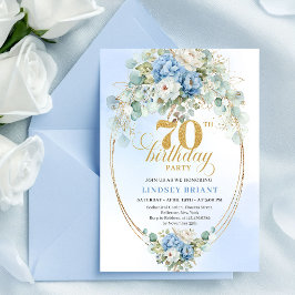 Convites Chic Dusty Blue Flowers 70th Birthday Invitation