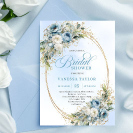 Convites Chic Dusty Blue Flowers Gold Bridal Shower Invite