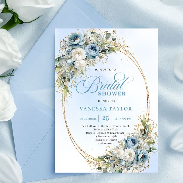 Convites Chic Dusty Blue Flowers Gold Bridal Shower Invite (Chic Dusty Blue Flowers Gold Bridal Shower Invite)