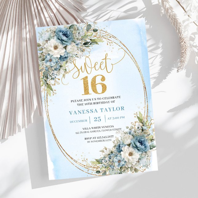 Convites Chic Dusty Blue Flowers Sweet Sixteen Birthday  (Chic Dusty Blue Flowers Sweet Sixteen Birthday Invitation

)
