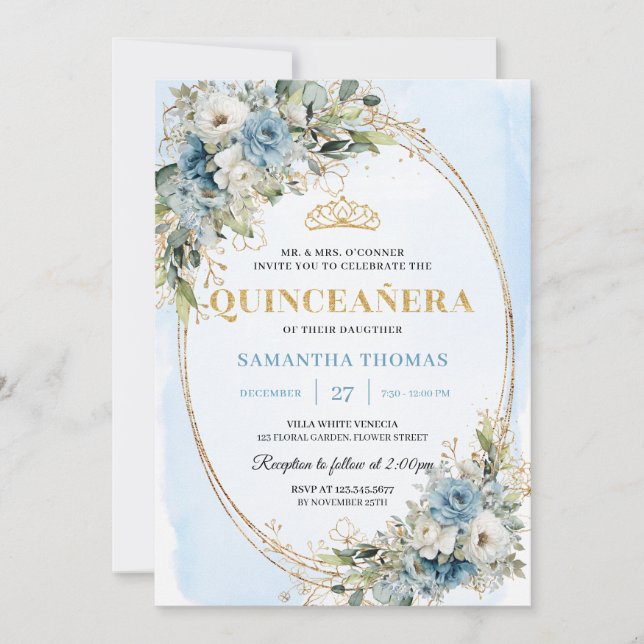 Convites Chic Dusty Blue Gold Greenery Quince 15 Invitation (Frente)