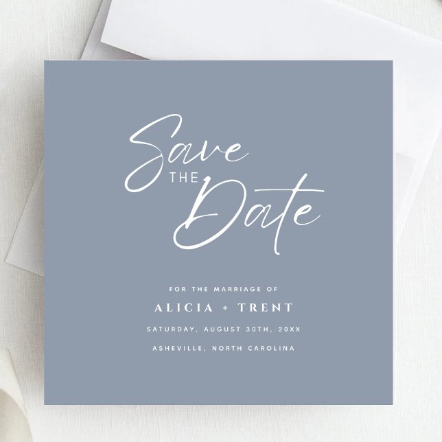 Convites Chic Dusty Blue & White Calligraphy Save the Date (Criador carregado)