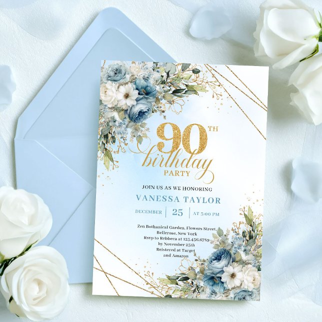 Convites Chic Dusty Blue White Flowers 90th Birthday Invite (Chic Dusty Blue White Flowers 90th Birthday Invite

)