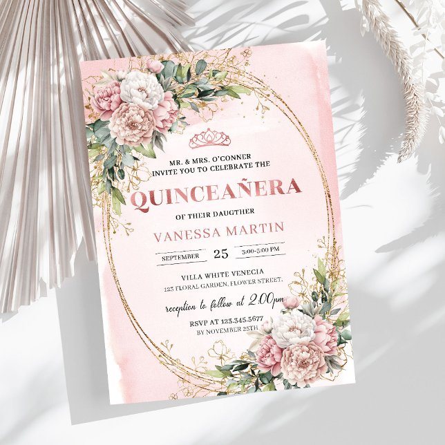 Convites Chic Dusty Pink Flores Eucalipto 15 Anos  (Chic Dusty Pink Flowers Eucalyptus 15th Birthday Invitation

)