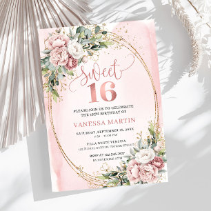 Convites Chic Dusty Pink Flores Eucalipto 16º Aniversário 