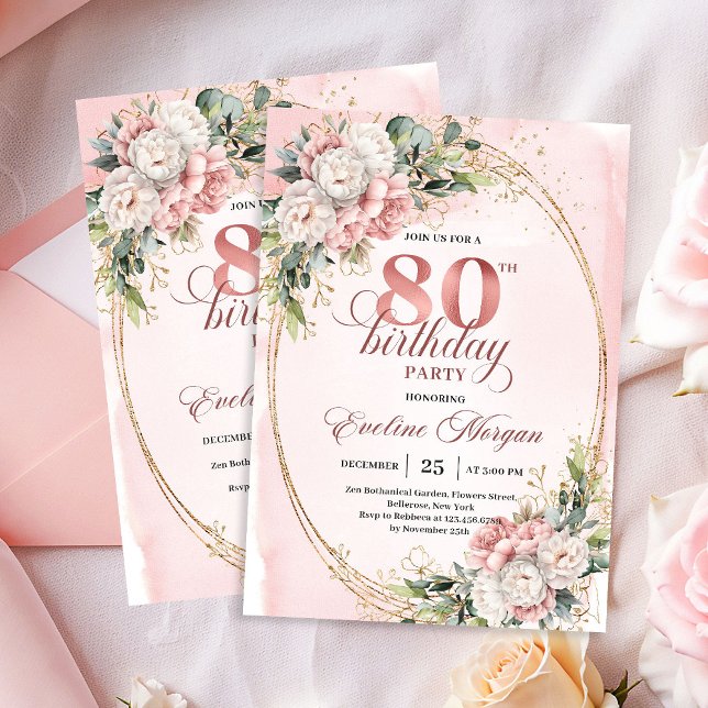 Convites Chic Dusty Pink Flores Eucalipto 80º Aniversário  (Chic Dusty Pink Flowers Eucalyptus 80th Birthday Invite)