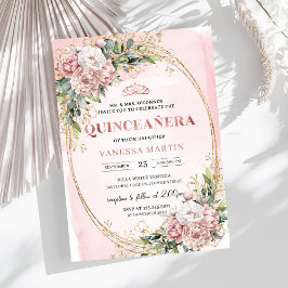 Convites Chic Dusty Pink Flowers Eucalyptus 15th Birthday 