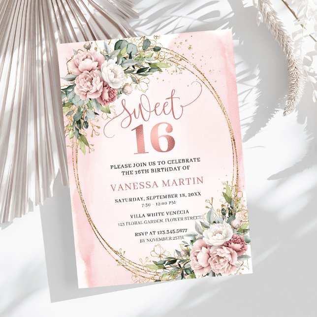 Convites Chic Dusty Pink Flowers Eucalyptus 16th Birthday  (Chic Dusty Pink Flowers Eucalyptus 16th Birthday Invitation

)