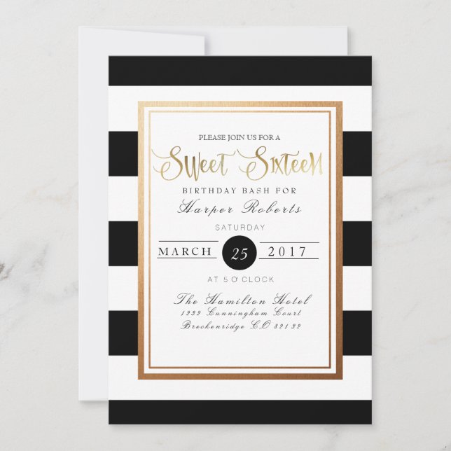 Convites Chic e Formal Sweet 16 | Dourado e preto (Frente)