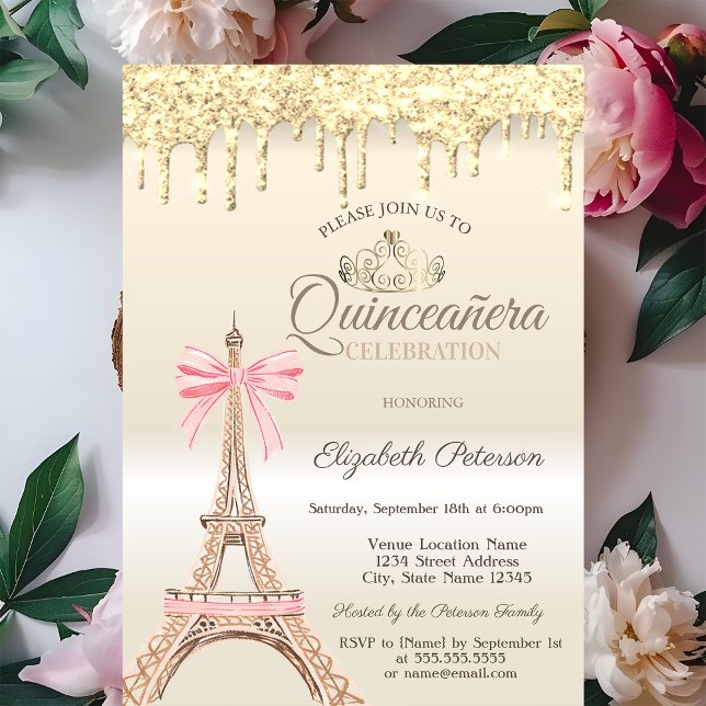 Convites Chic Eiffel Tower Bow Drips Gold Quinceañera  (Criador carregado)