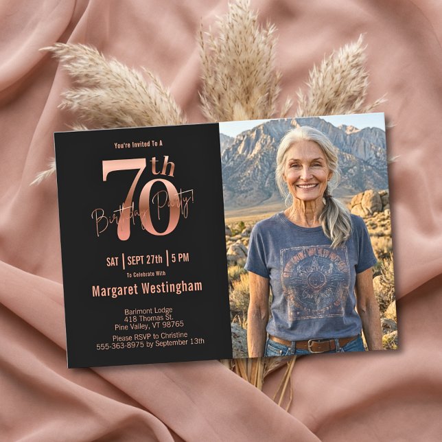 Convites Chic Elegance Rose Gold Photo 70th Birthday (Criador carregado)