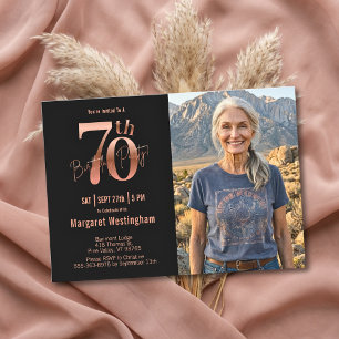 Convites Chic Elegância Rosa Dourado Foto 70º Aniversário