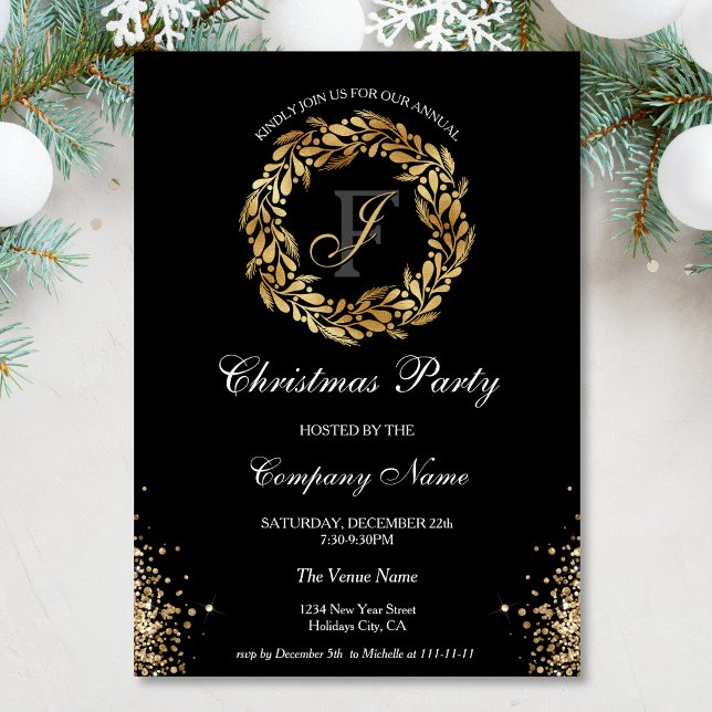Convites Chic Elegant Dourada Wreath Corporate Festa de Nat (gold glitter christmas wreath)