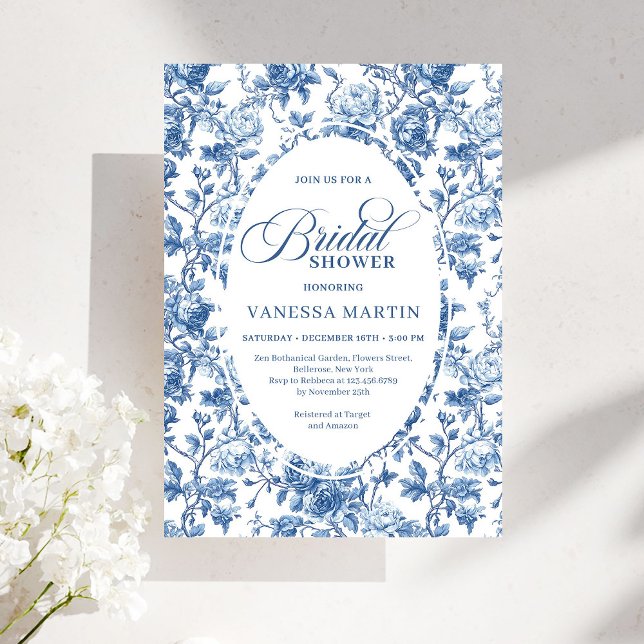 Convites Chic Elegant Navy Toile de Jouy Rose Bridal Shower (Chic Elegant Navy Toile de Jouy Rose Bridal Shower Invitation)