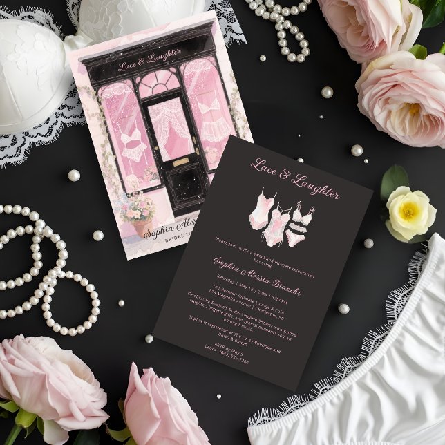 Convites Chic Elegant Vintage Lingerie Bridal Shower (Elegant Vintage Lingerie Shop Bridal Shower Cards in Pastel Pink and Black Invitation Cards. )