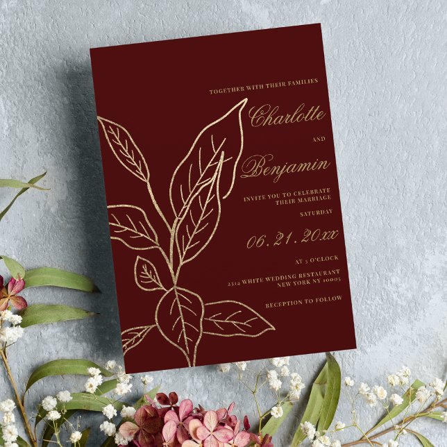 Convites Chic elegante burgundy gold glitter casamento flor (Chic elegant burgundy gold glitter floral wedding)