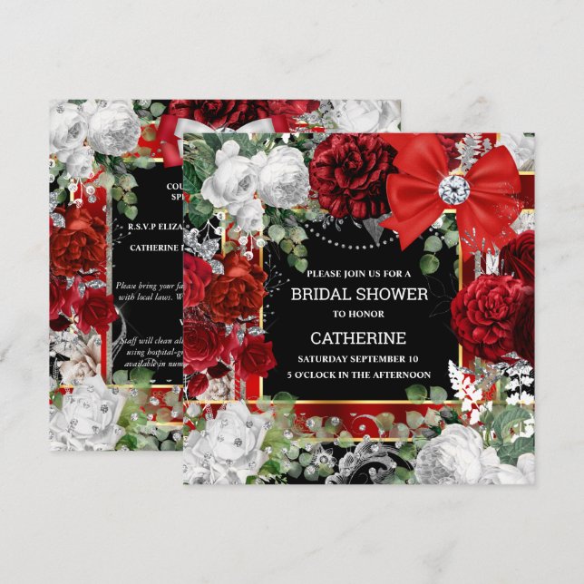 Convites Chic elegante de arco brilhante branco-vermelho (Frente/Verso)