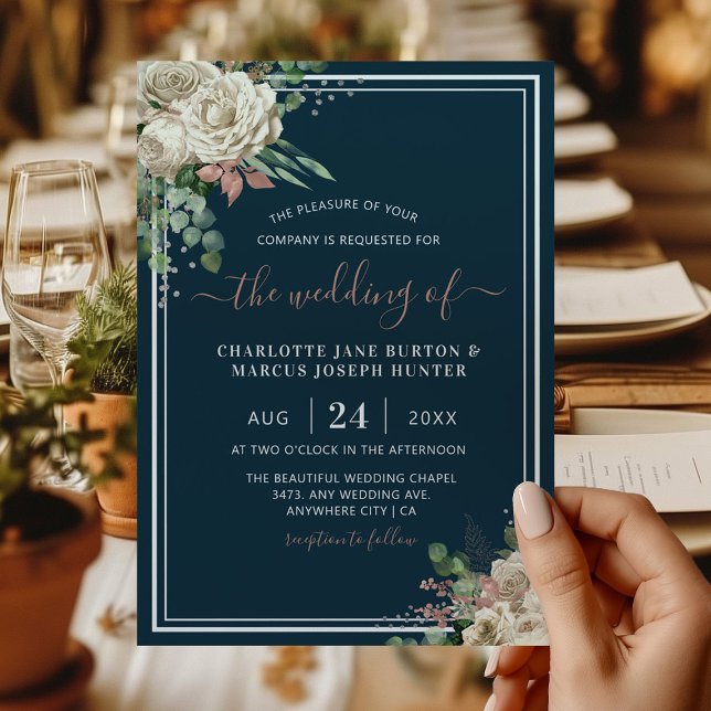 Convites Chic Elegante Marfim & Bege Floral Casamento Navy (Criador carregado)