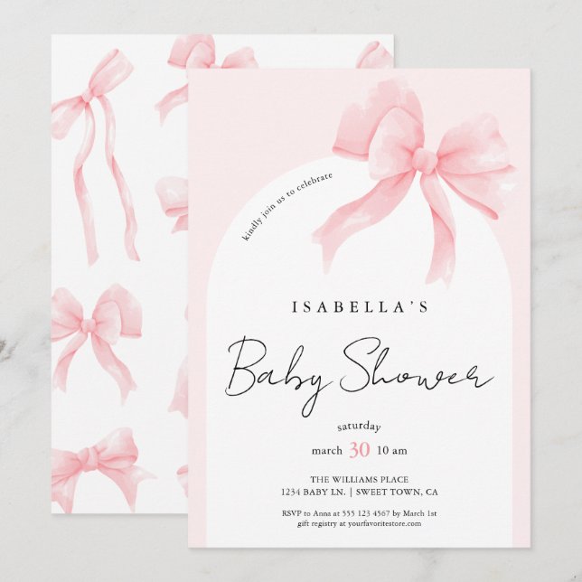 Convites Chic Elegante Rosa com Laço Baby Shower (Frente/Verso)