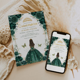 Convites Chic Emerald Green Floral Quinceañera Princess