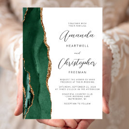 Convites Chic Emerald Green Gold Agate Script Wedding
