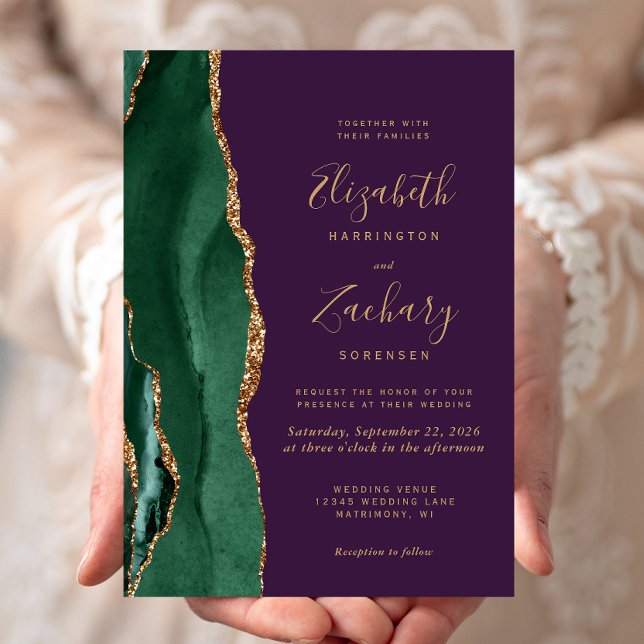 Convites Chic Esmeralda Verde Dourado Ágata Roxo Casamento (Criador carregado)