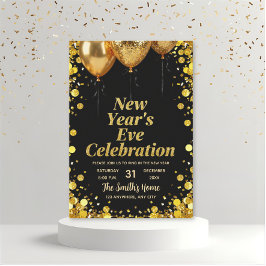 Convites Chic Festa de Ano Novo Dourado Brilho Preto