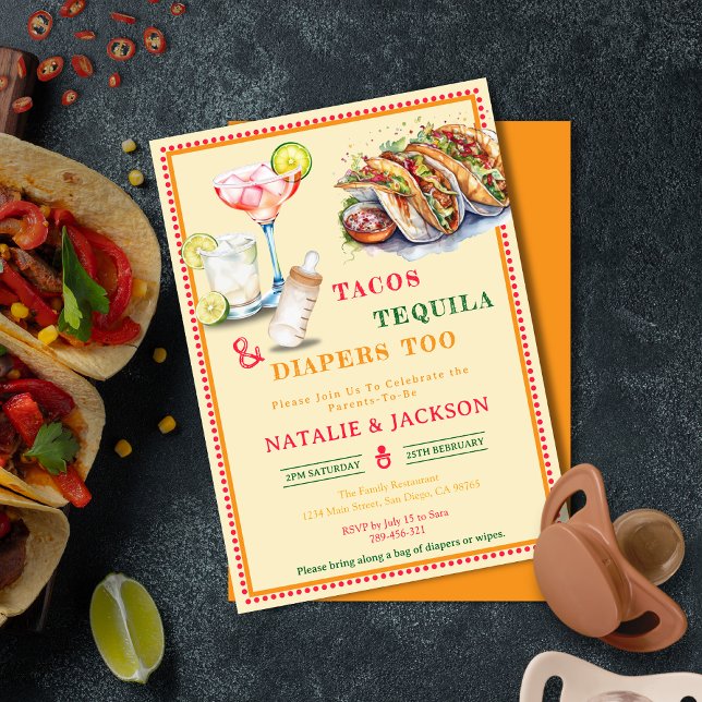 Convites Chic Fiesta Watercolor Tacos Tequila Chá de fralda (Chic Fiesta Watercolor Tacos Tequila Baby Shower Invitation)