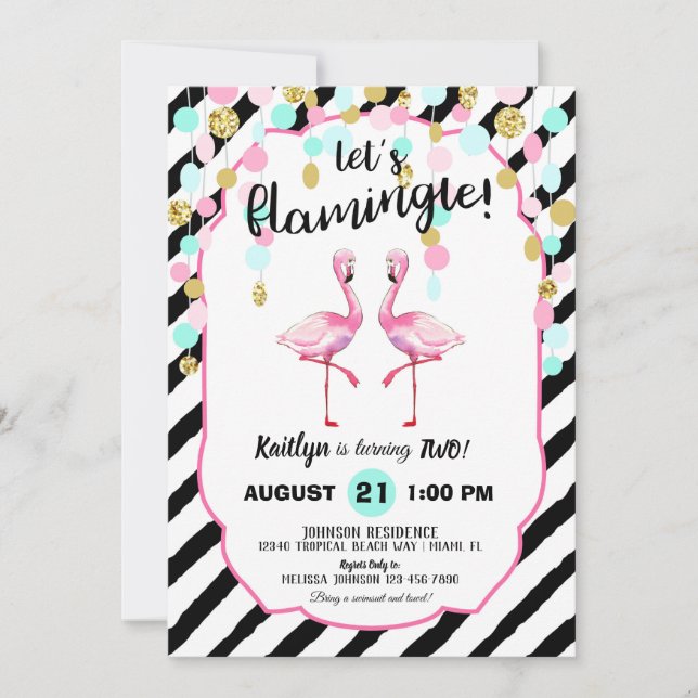 Convites Chic Flamingo Stripe e Confetti Aniversário (Frente)