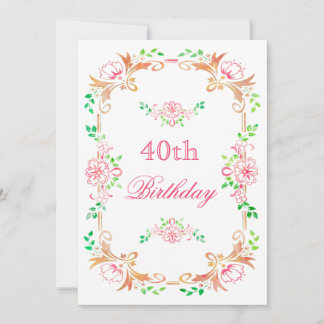 Convites Chic Floral Aquarela Aniversário de 40 anos Dupla
