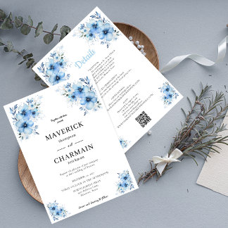 Convites Chic Floral Azul Frente e Verso Casamento