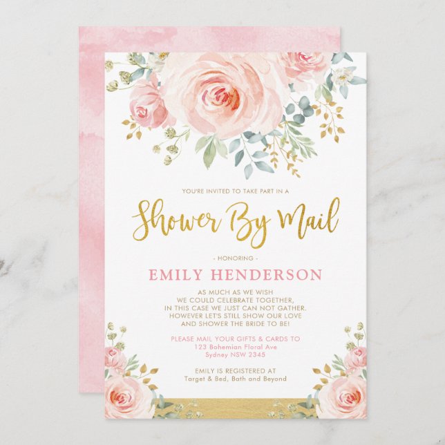 Convites Chic Floral Chá de panela Por Mail Quarantine Part (Frente/Verso)