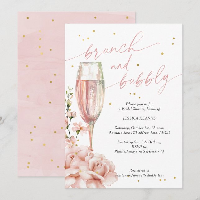 Convites Chic floral champanhe flús brunch e borbulha (Frente/Verso)
