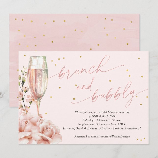 Convites Chic floral champanhe flús brunch e borbulhamento  (Frente/Verso)