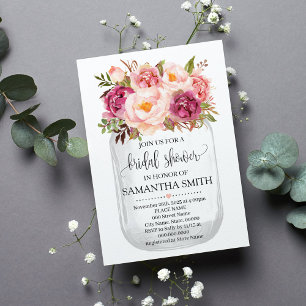 Convites Chic floral cor-de-rosa chá de panela Mason jar